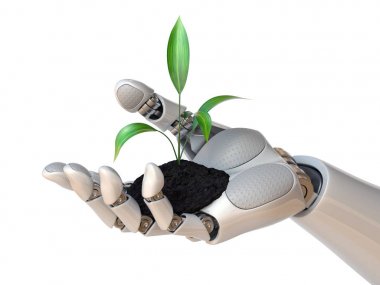 Robot el tutarak bitki, sentetik yaşam, genetik mühendisliği kavramı, 3d render 