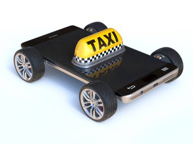 Hareket eden telefon ile taksi işareti ve tekerlekler, taksi app 3d render 