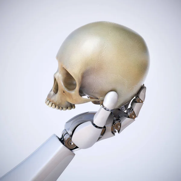 Robotic handen håller mänsklig skalle, artificiell intelligens-konceptet — Stockfoto