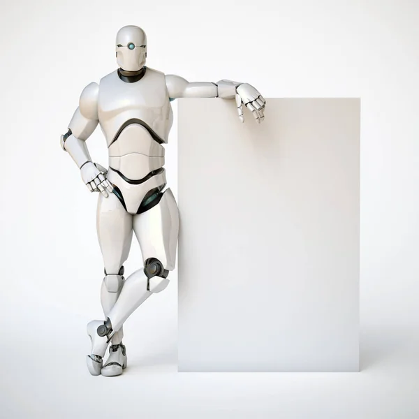 Robot celebración de la publicidad en blanco de la cartelera 3d representación — Foto de Stock