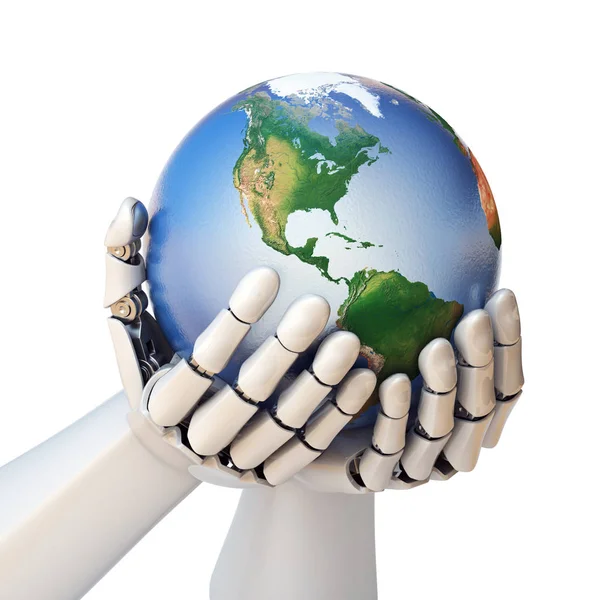 Robot Hand håller planeten jorden — Stockfoto