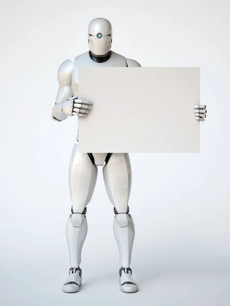 Robot holding blank advertising billboard 3d rendering — Stock Photo, Image