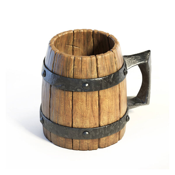 Wooden mug, tankard 3d rendering
