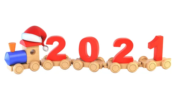 Weihnachten oder Neujahr Spielzeugeisenbahn aus Holz, Zahlen 2021 als Eisenbahnwagen 3D-Rendering — Stockfoto