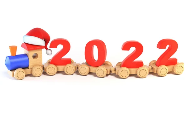 Kerstmis of Nieuwjaar houten speelgoed trein, getallen 2022 als spoorweg auto's 3D-rendering — Stockfoto