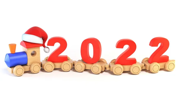 Christmas or New Year's wooden toy train, numbers 2022 as railroad cars 3d rendering — Stock Photo, Image