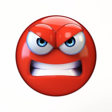 Kızgın emoji beyaz zemin üzerine, muzip ifade 3d render izole 