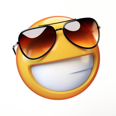     Beyaz arkaplanda izole edilmiş havalı emoji, güneş gözlüklü gülen ifade 3D görüntüleme 