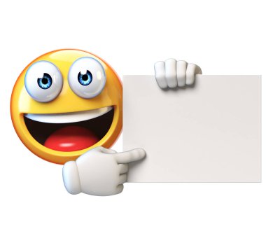 Beyaz zemin üzerine, ifade reklamveren 3d render izole Pano tutan Emoji 