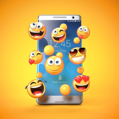     Emojis çevresinde cep telefonu, akıllı telefon ifadeleri 3d render ile mesajlaşma 