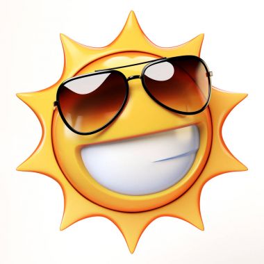      Beyaz arkaplanda izole edilmiş havalı emoji, güneş gözlüklü gülen ifade 3D görüntüleme 