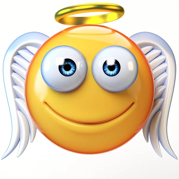 Anioł emoji na białym tle na białym tle, emotikon ze skrzydłami i halo renderowania 3d — Zdjęcie stockowe