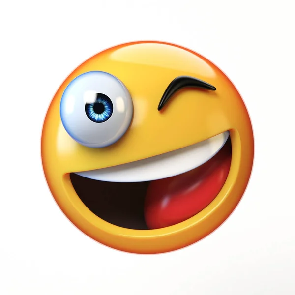 Piscando emoji isolado no fundo branco, sorridente rosto emoticon 3d renderização — Fotografia de Stock