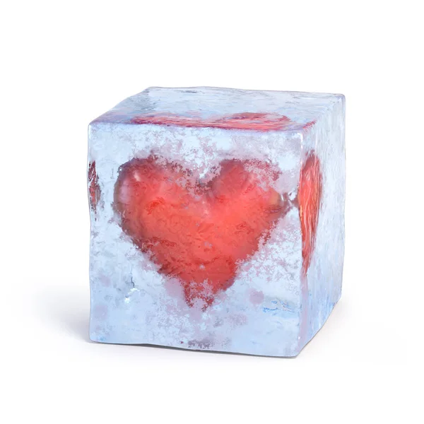 Corazón congelado dentro del cubo de hielo 3d renderizado — Foto de Stock