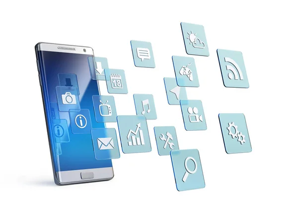 Mobile app concept, application icons around smart phone 3d rendering — Stock Photo, Image