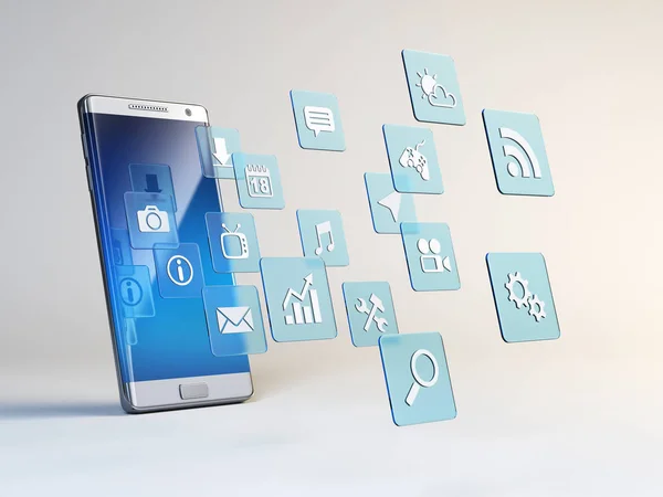 Mobile app concept, application icons around smart phone 3d rendering — Stock Photo, Image