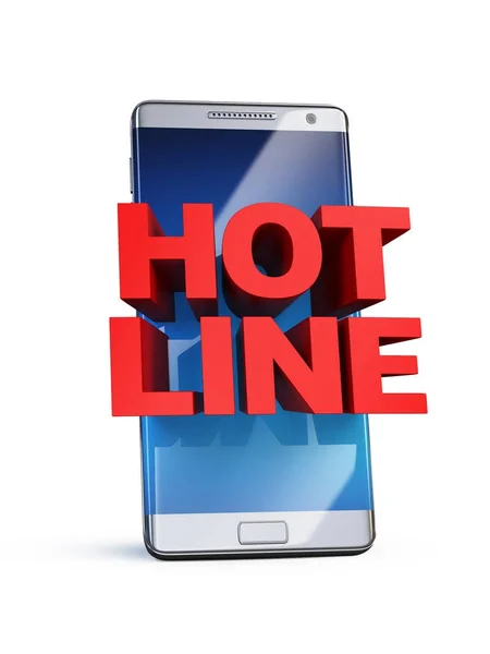 Концепция горячей линии, 3d буквы на смартфоне, 3d рендеринг — стоковое фото