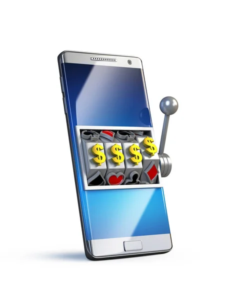 Concepto de juego en línea, teléfono inteligente con la máquina tragaperras 3d rendering —  Fotos de Stock