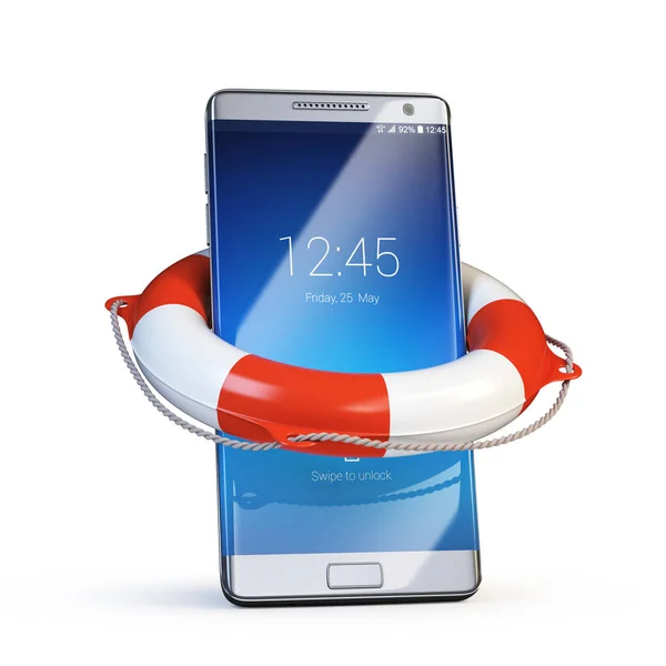 Teléfono móvil con la boya salvavidas, concepto de seguridad del teléfono inteligente, renderizado 3d —  Fotos de Stock