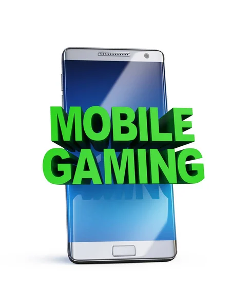 Концепция мобильных игр, 3d буквы на смартфоне, 3d рендеринг — стоковое фото