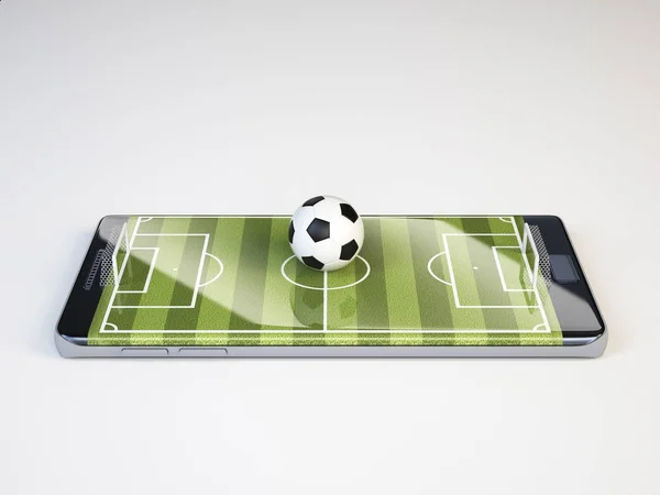 Älypuhelin jalkapallokenttänä, katsella verkossa, panostaa online-konsepti, 3d renderöinti — kuvapankkivalokuva