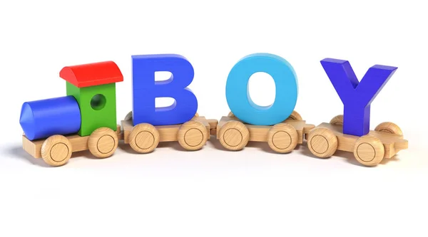 Деревянный игрушечный поезд с буквами BOY как железнодорожные вагоны — стоковое фото