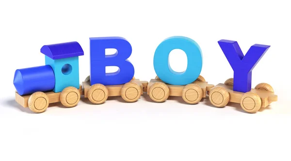 Trem de brinquedo de madeira com letras BOY como carros ferroviários — Fotografia de Stock