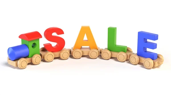 Wooden toy train with SALE letters as railroad cars 3d rendering — Stock Photo, Image