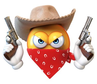 Beyaz arka plan üzerinde vahşi batı soyguncu ifade 3d render izole haydut emoji