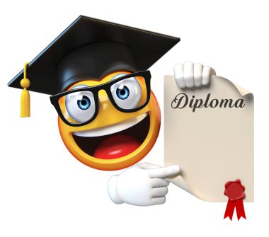 Beyaz arka plan üzerinde Mezuniyet Diploması 3d render holding şapkası ifade izole Emoji yüksek lisans öğrencisi