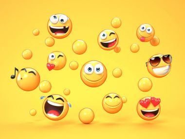Sarı arka plan, 3d render üzerinde çeşitli emojis