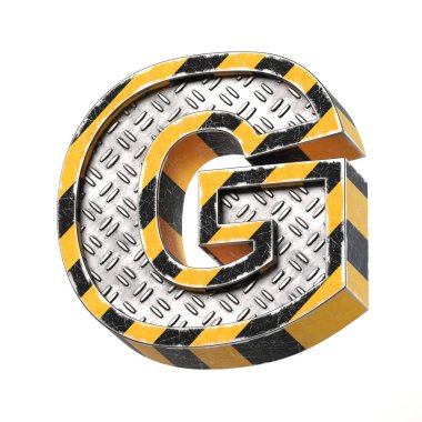 Endüstriyel siyah ve sarı çizgili metalik yazı tipi, 3d render, harf G