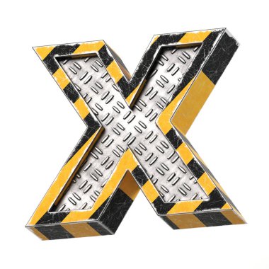 Endüstriyel siyah ve sarı çizgili metalik yazı tipi, 3d render, harf X
