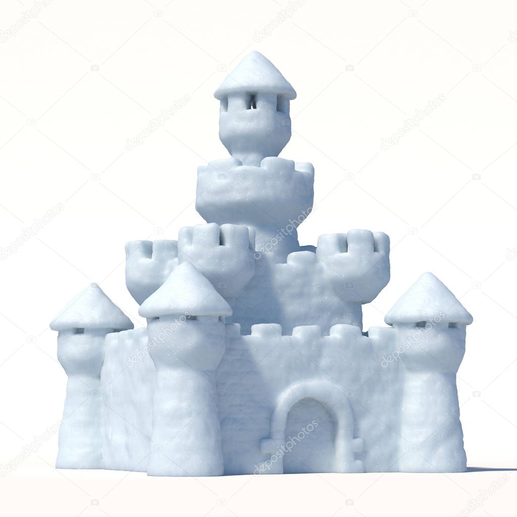Snow castle isolated on white background 3d rendering