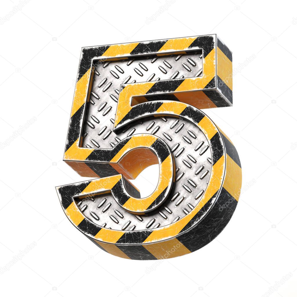 Industrial black and yellow striped metallic font, 3d rendering, number 5