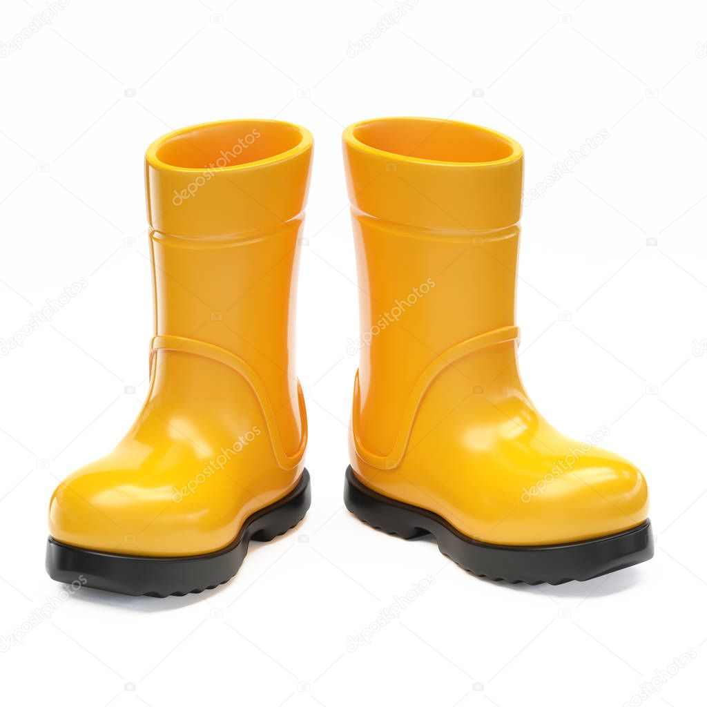 Yellow rubber rain boot isolated on white background 3d rendering