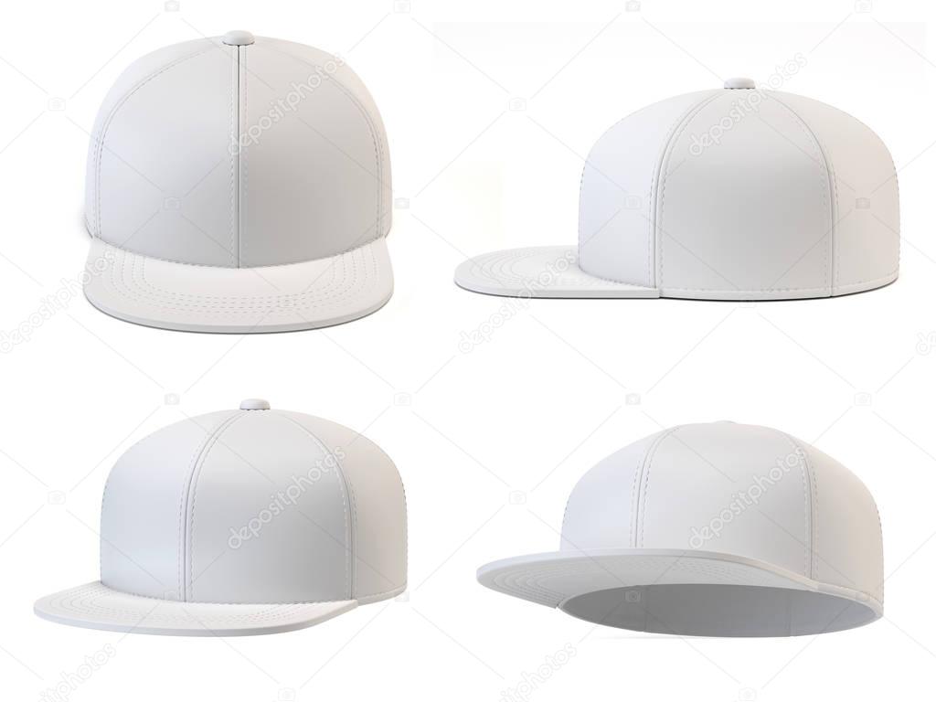 Set of white baseball cap mock up, blank hat template isolated on white background 3d rendering