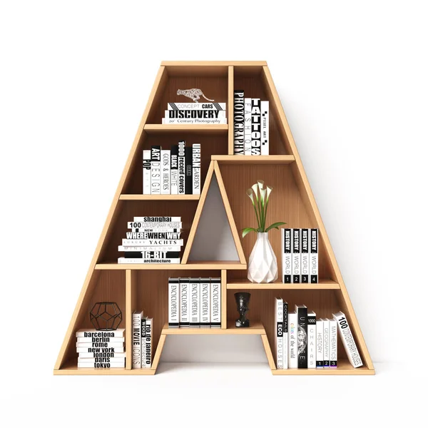 Bookshelves 3d font. Alphabet in the form of book shelves. Mockup font. Letter A,  3d rendering