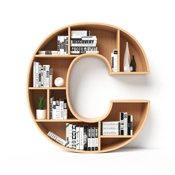 Bookshelves 3d font. Alphabet in the form of book shelves. Mockup font. Letter C,  3d rendering