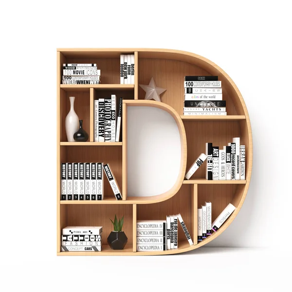 Bookshelves 3d font. Alphabet in the form of book shelves. Mockup font. Letter D,  3d rendering