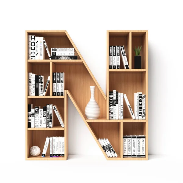 Bookshelves 3d font. Alphabet in the form of book shelves. Mockup font. Letter N,  3d rendering
