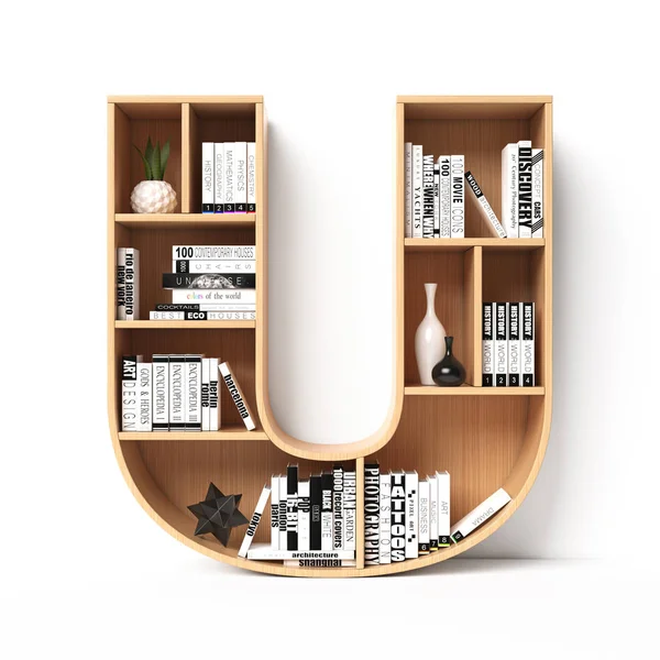 Bookshelves 3d font. Alphabet in the form of book shelves. Mockup font. Letter U, 3d rendering