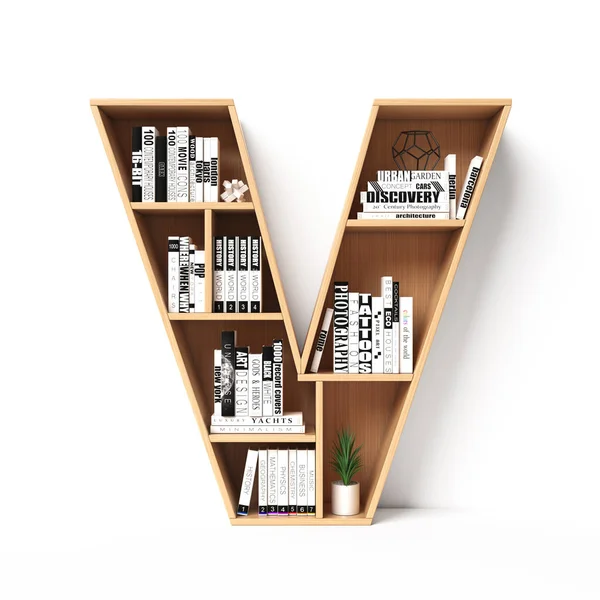 Bookshelves 3d font. Alphabet in the form of book shelves. Mockup font. Letter V, 3d rendering