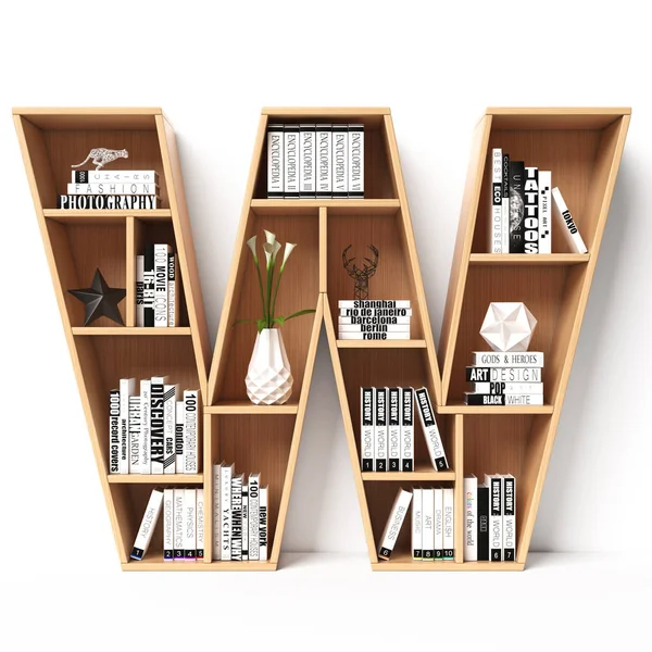 Bookshelves 3d font. Alphabet in the form of book shelves. Mockup font. Letter W,  3d rendering