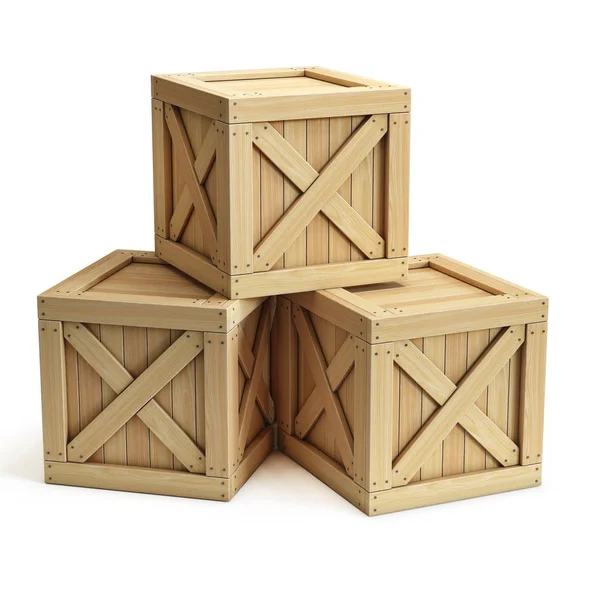 Zásobník Dřevěných Beden Krabic Zbožím Izolované Bílém Pozadí Vykreslování — Stock fotografie