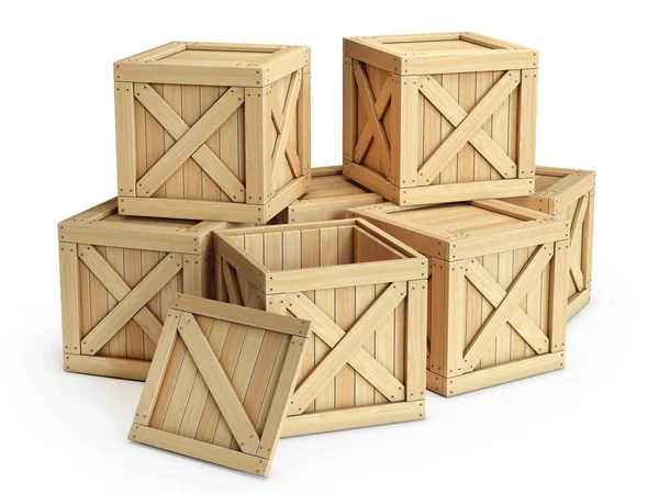 木制板条箱 在白色背景上隔离的货舱3D — 图库照片