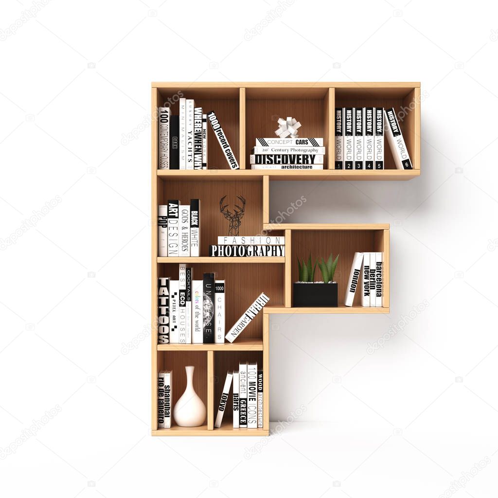 Bookshelves 3d font. Alphabet in the form of book shelves. Mockup font. Letter F,  3d rendering