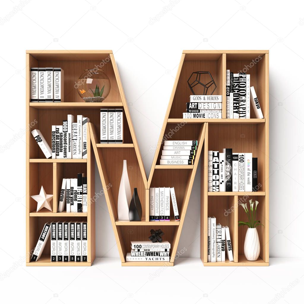 Bookshelves 3d font. Alphabet in the form of book shelves. Mockup font. Letter M,  3d rendering