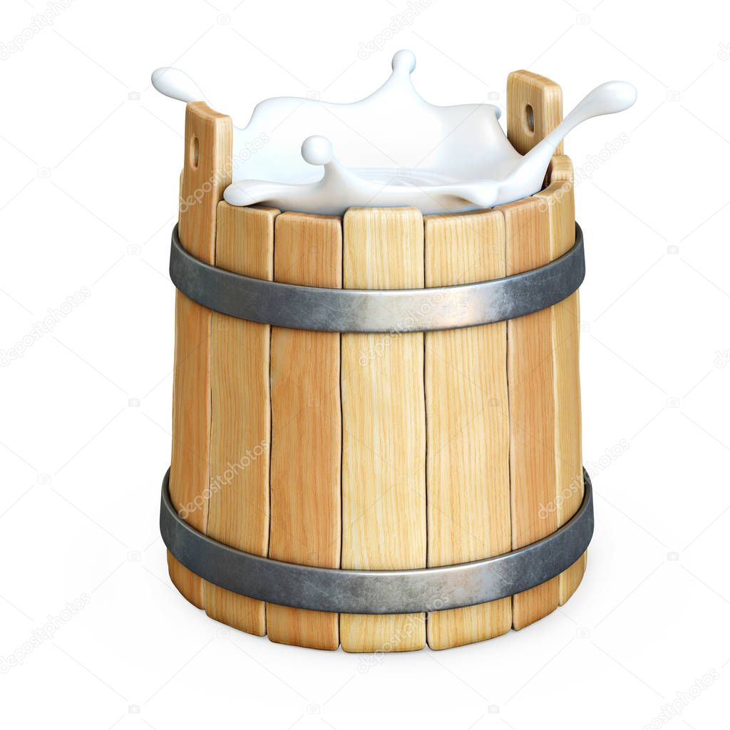 Wooden bucket with milk splash isolated on white background 3d rendering