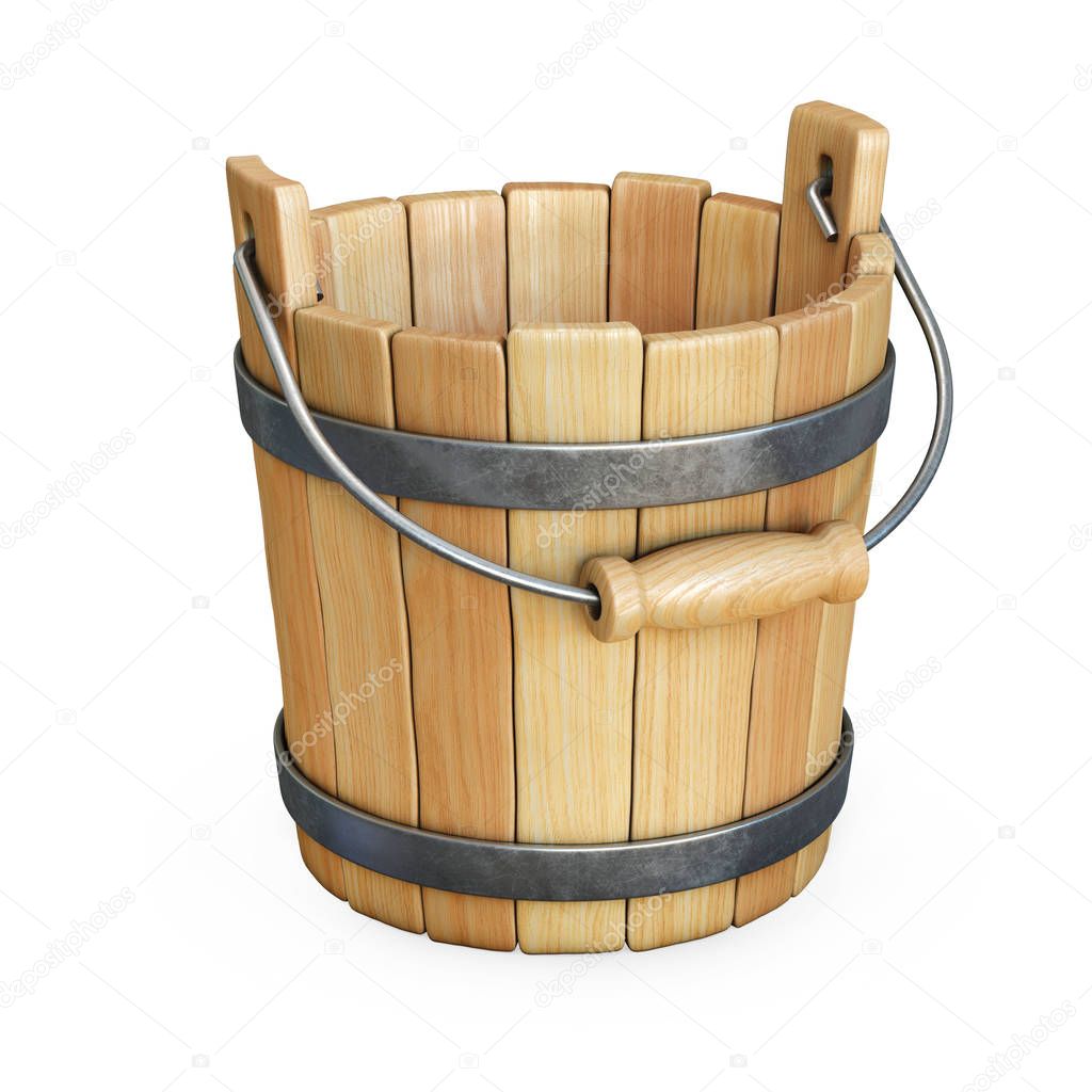 Empty wooden bucket isolated on white background 3d rendering